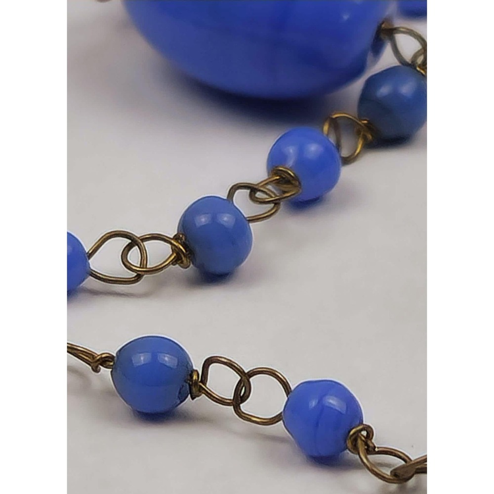 Antique Blue Swirl Glass Flapper Chain Necklace Hand Wired - Picture 6 of 11
